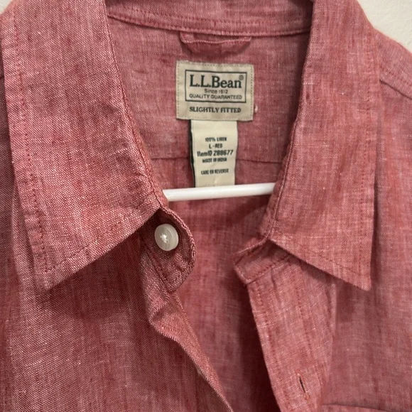 LL Bean Men’s Red Linen Short Sleeve Button Down Collared Shirt Size L - Picture 2 of 3